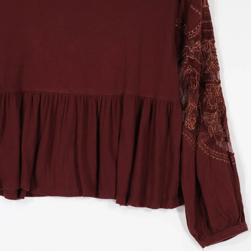 Free People Embroidered Mesh Sleeve Top Women Small Maroon Boho Babydoll
